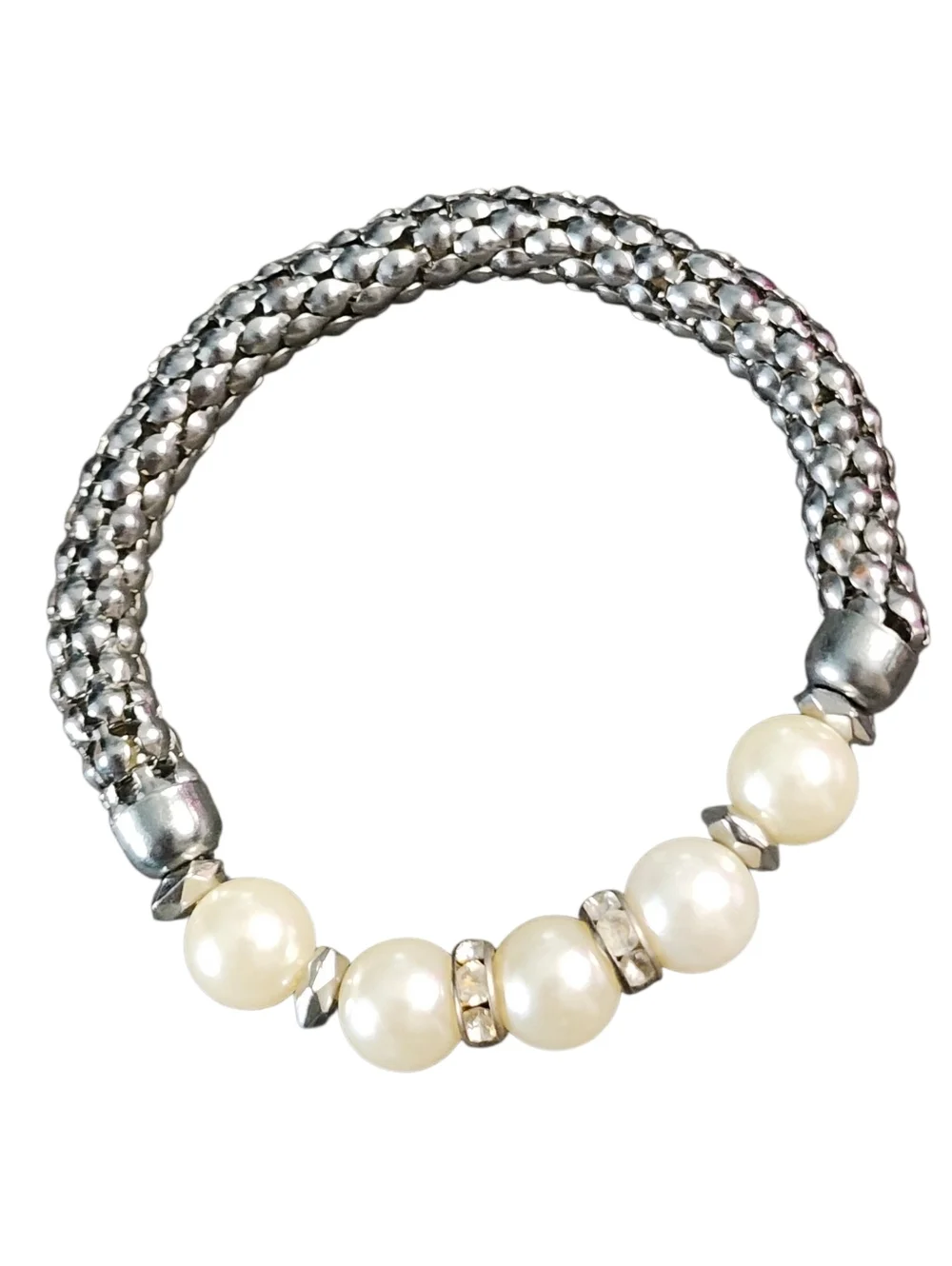 Faux Cream Pearl and Silvertone Bead Stretch Bracelet